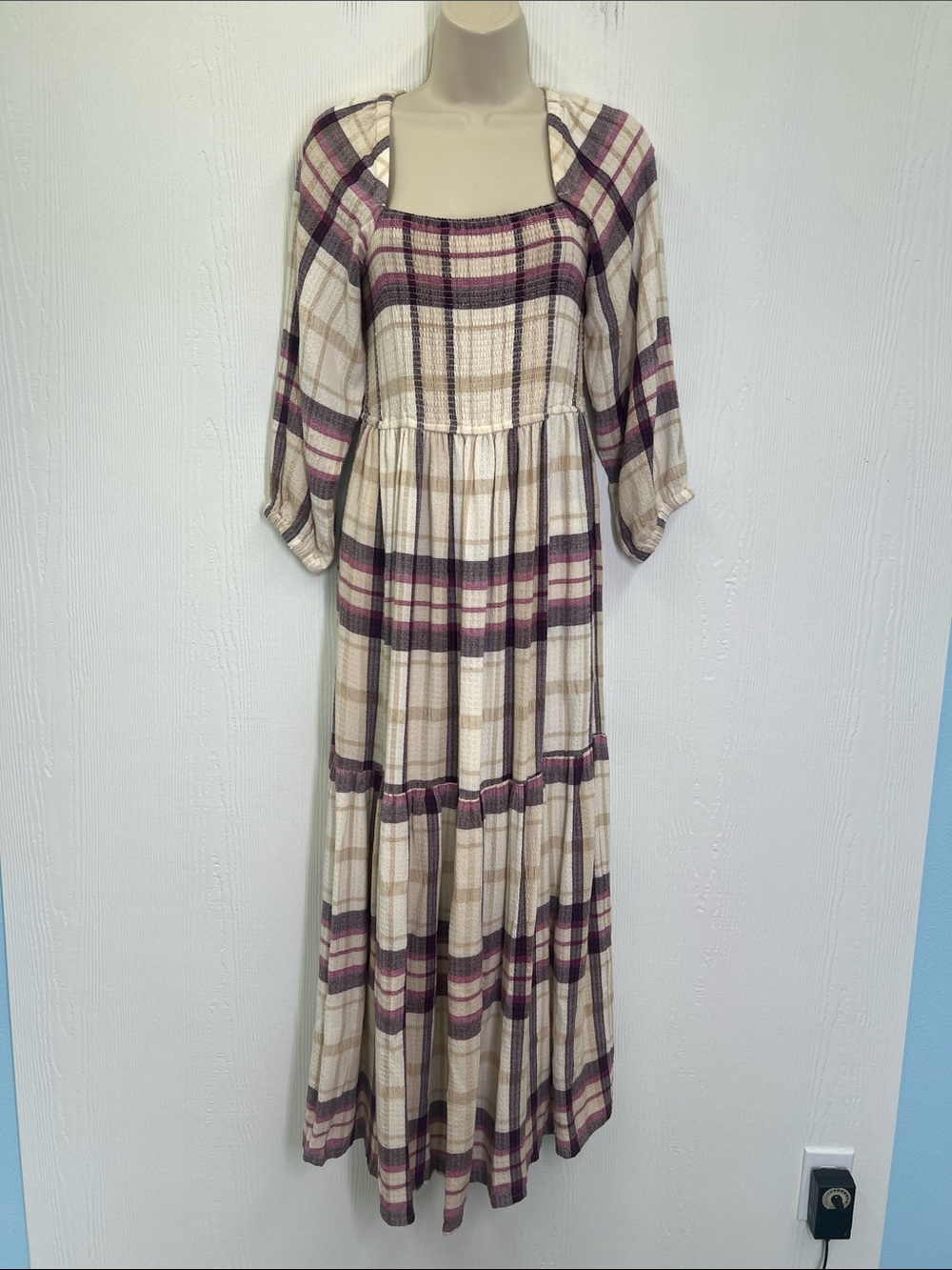 Marine Layer - Ivy Plaid Smocked Long Sleeve Square Neck Tiered Midi Dress Small - Picture 2 of 12